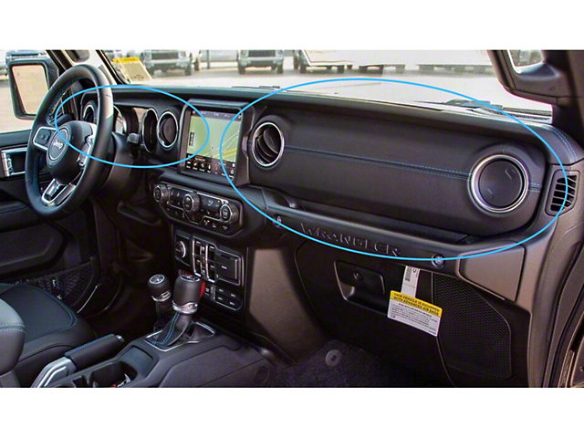 Mopar Passenger Side Dashboard Panel Trim; Black Leather with Blue Stitching (18-23 Jeep Wrangler JL)