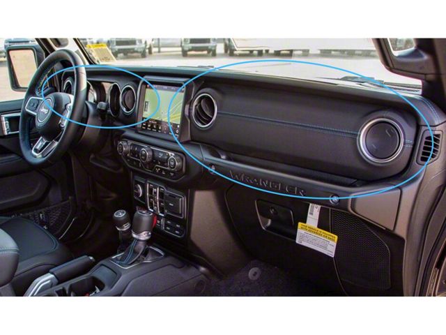 Mopar Passenger Side Dashboard Panel Trim; Black Leather with Blue Stitching (18-24 Jeep Wrangler JL)