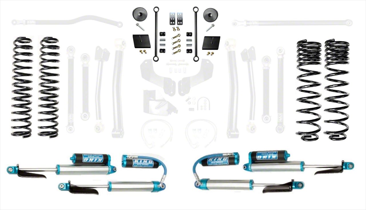 EVO Manufacturing 2.50-Inch Enforcer Stage 1 Suspension Lift Kit with King 2.5 Blue Shocks without Front and Rear Track Bar (20-23 3.6L Jeep Gladiator JT)
