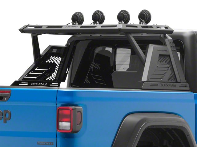 Armour II Roll Bar with 5.30-Inch Black Round Flood LED Lights and Basket; Black (20-24 Jeep Gladiator JT)