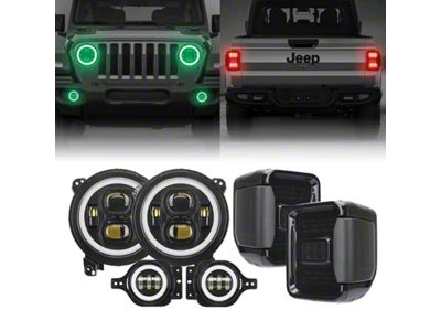 9-Inch LED RGB Halo Headlight, LED RGB Fog Light and LED Tail Light Package (20-23 Jeep Gladiator JT w/ Factory Halogen Tail Lights)