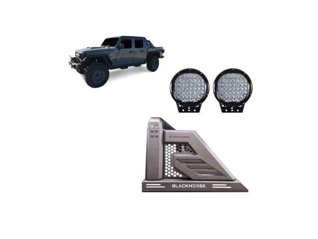 Armour II Roll Bar with 9-Inch Black Round Flood LED Lights; Black (20-24 Jeep Gladiator JT)
