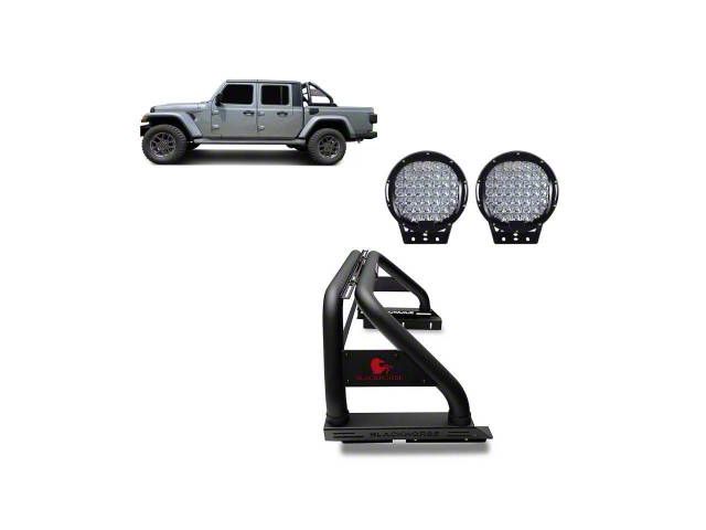 Classic Roll Bar for Tonneau Cover with 9-Inch Black Round Flood LED Lights; Stainless Steel (20-24 Jeep Gladiator JT)