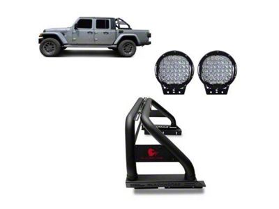 Classic Roll Bar for Tonneau Cover with 9-Inch Black Round Flood LED Lights; Stainless Steel (20-24 Jeep Gladiator JT)