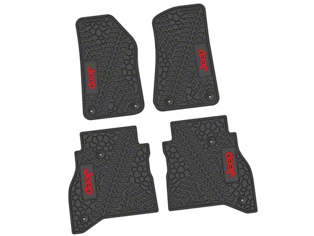 FLEXTREAD Factory Floorpan Fit Tire Tread/Scorched Earth Scene Front and Rear Floor Mats with Red JEEP Insert; Black (20-24 Jeep Gladiator JT)