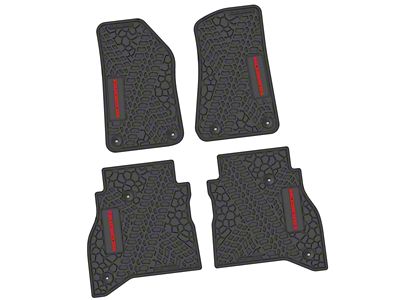 FLEXTREAD Factory Floorpan Fit Tire Tread/Scorched Earth Scene Front and Rear Floor Mats with Red Rubicon Insert; Black (20-24 Jeep Gladiator JT)