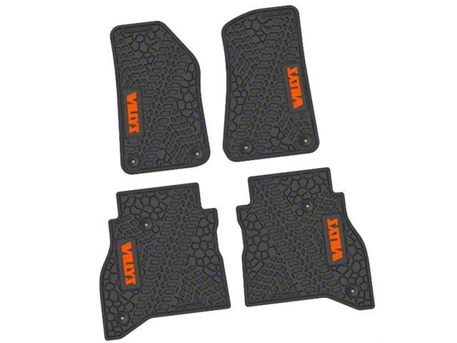 FLEXTREAD Factory Floorpan Fit Tire Tread/Scorched Earth Scene Front and Rear Floor Mats with Orange Willys Insert; Black (20-24 Jeep Gladiator JT)