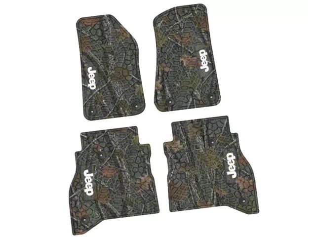 FLEXTREAD Factory Floorpan Fit Tire Tread/Scorched Earth Scene Front and Rear Floor Mats with White JEEP Insert; Rugged Woods (20-24 Jeep Gladiator JT)