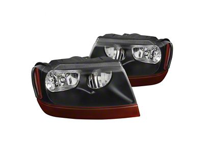 Factory Style Crystal Headlights; Matte Black Housing; Clear Lens (99-04 Jeep Grand Cherokee WJ)