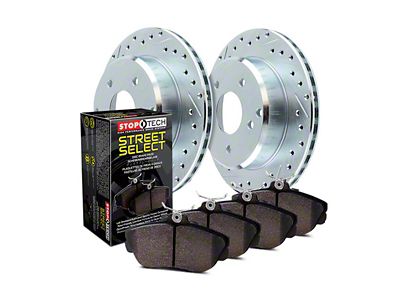 StopTech Sport Axle Drilled and Slotted Brake Rotor and Pad Kit; Front (99-02 Jeep Grand Cherokee WJ w/ Akebono Calipers; 03-04 Jeep Grand Cherokee WJ)