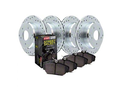 StopTech Sport Axle Drilled and Slotted Brake Rotor and Pad Kit; Front and Rear (93-98 Jeep Grand Cherokee ZJ)