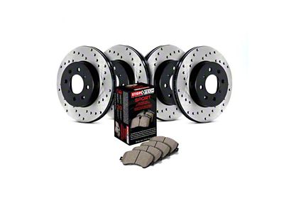 StopTech Sport Axle Drilled Brake Rotor and Pad Kit; Front and Rear (93-98 Jeep Grand Cherokee ZJ)