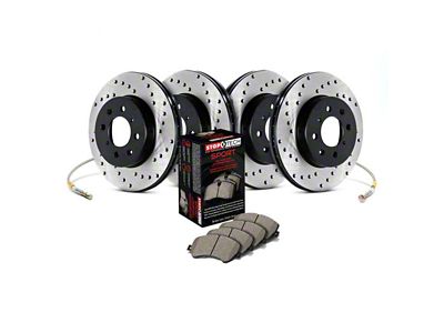 StopTech Sport Axle Drilled Brake Rotor, Pad and Brake Line Kit; Front and Rear (11-15 Jeep Grand Cherokee WK2 w/ Vented Rear Rotors, Excluding SRT, SRT8 & Trackhawk)