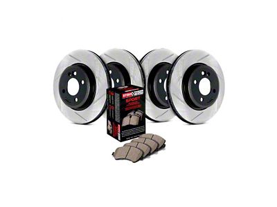 StopTech Sport Axle Slotted Brake Rotor and Pad Kit; Front and Rear (93-98 Jeep Grand Cherokee ZJ)