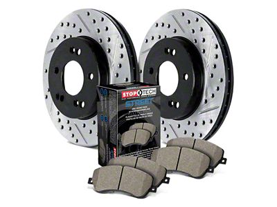 StopTech Street Axle Drilled and Slotted Brake Rotor and Pad Kit; Front (99-02 Jeep Grand Cherokee WJ w/ Akebono Calipers; 03-04 Jeep Grand Cherokee WJ)