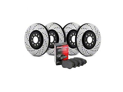 StopTech Street Axle Drilled and Slotted Brake Rotor and Pad Kit; Front and Rear (14-21 Jeep Grand Cherokee WK2 w/ Vented Rear Rotors, Excluding SRT, SRT8 & Trackhawk)