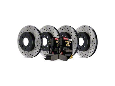StopTech Truck Axle Slotted and Drilled Brake Rotor and Pad Kit; Front and Rear (99-02 Jeep Grand Cherokee WJ w/ Akebono Calipers; 03-04 Jeep Grand Cherokee WJ)
