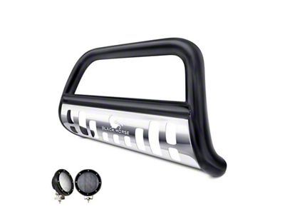 Bull Bar with Stainless Steel Skid Plate and 5.30-Inch Black Round Flood LED Lights; Black (99-04 Jeep Grand Cherokee WJ)