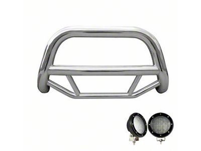 Max Bull Bar with 5.30-Inch Black Round Flood LED Lights; Stainless Steel (99-04 Jeep Grand Cherokee WJ)