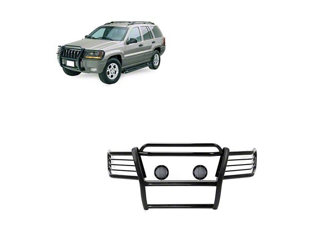 Modular Grille Guard with 5.30-Inch Black Round Flood LED Lights; Black (99-04 Jeep Grand Cherokee WJ)