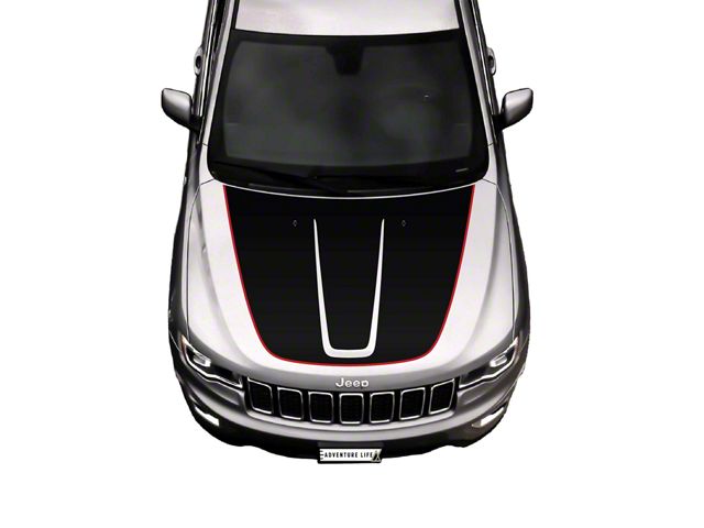 Topographic Map Hood Graphic with Washer Nozzle Cutouts; Black with Red Outline (11-21 Jeep Grand Cherokee WK2, Excluding Trackhawk)
