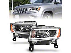 Plank Style Projector Headlights; Chrome Housing; Clear Lens (14-15 Jeep Grand Cherokee WK2 w/ Factory Halogen Headlights)