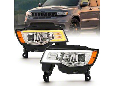 Plank Style Switchback Projector Headlights; Chrome Housing; Clear Lens (17-21 Jeep Grand Cherokee WK2 w/ Factory Halogen Headlights)