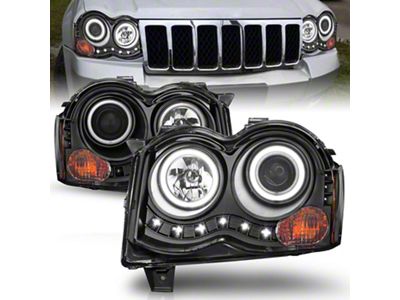 RX Halo Projector Headlights; Black Housing; Clear Lens (08-10 Jeep Grand Cherokee WK w/ Factory Halogen Headlights)