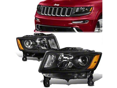 Factory Style Headlights with Amber Corners; Black Housing; Clear Lens (14-16 Jeep Grand Cherokee WK2 w/ Factory Halogen Headlights)
