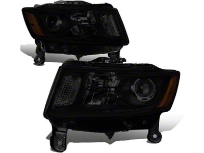 Factory Style Headlights with Amber Corners; Black Housing; Smoked Lens (14-16 Jeep Grand Cherokee WK2 w/ Factory Halogen Headlights)
