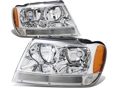 Factory Style Headlights with Amber Corners; Chrome Housing; Clear Lens (99-04 Jeep Grand Cherokee WJ)
