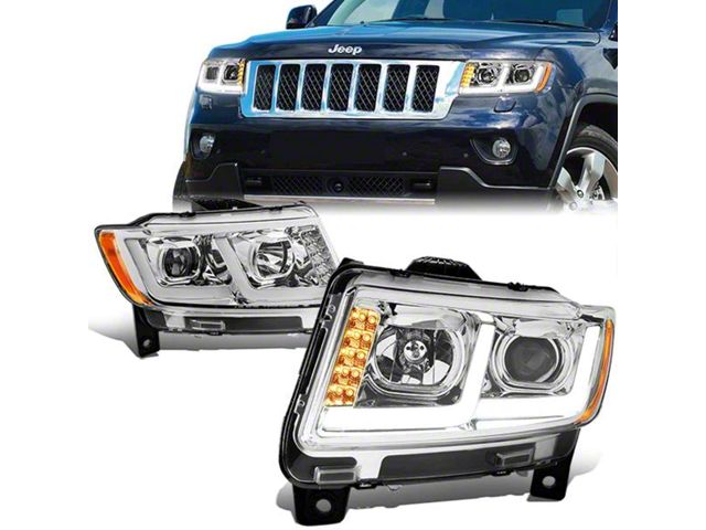 LED DRL Projector Headlights with Amber Corners; Chrome Housing; Smoked Lens (11-13 Jeep Grand Cherokee WK2 w/ Factory Halogen Headlights)