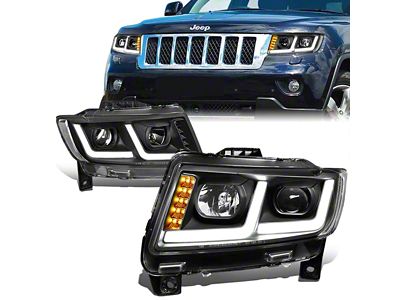 LED DRL Projector Headlights with Clear Corners; Black Housing; Clear Lens (11-13 Jeep Grand Cherokee WK2 w/ Factory Halogen Headlights)
