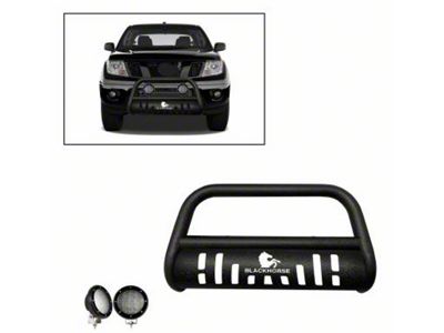Bull Bar with Skid Plate and 5.30-Inch Black Round Flood LED Lights; Textured Black (05-21 Frontier)