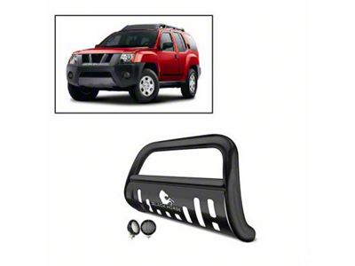 Bull Bar with Black Skid Plate and 5.30-Inch Black Round Flood LED Lights; Black (05-21 Frontier)