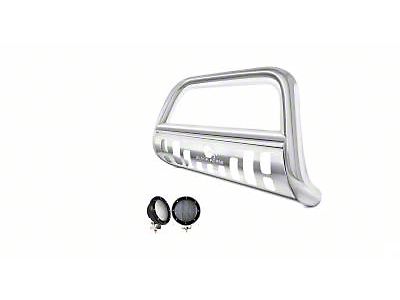 Bull Bar with Stainless Steel Skid Plate and 5.30-Inch Black Round Flood LED Lights; Stainless Steel (05-21 Frontier)