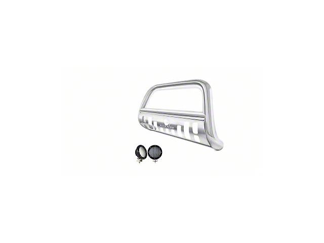 Bull Bar with Stainless Steel Skid Plate and 5.30-Inch Black Round Flood LED Lights; Stainless Steel (05-21 Frontier)