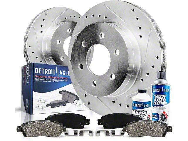 Drilled and Slotted 6-Lug Brake Rotor, Pad, Brake Fluid and Cleaner Kit; Front (05-19 2.5L Frontier)