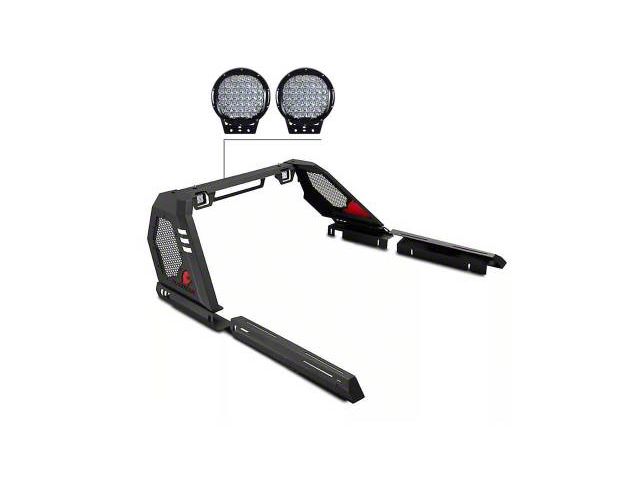 Vigor Roll Bar with 9-Inch Black Round LED Lights; Black (22-24 Frontier)