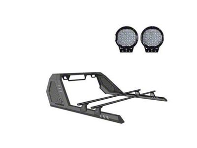 Vigor Roll Bar with Cross Bar and 9-Inch Black Round Flood LED Lights; Black (05-21 Frontier)