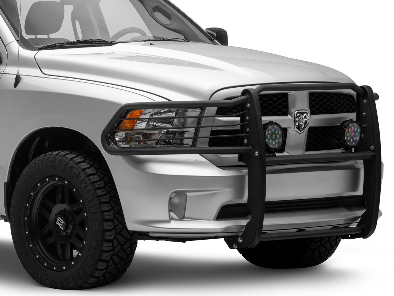 RAM 1500 Grille Guard with 7-Inch Round LED Lights; Black (09-18 RAM ...