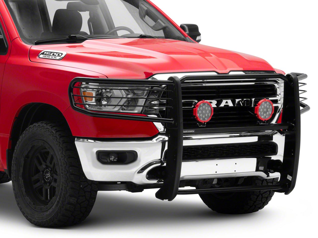 RAM 1500 Grille Guard with 7Inch Round LED Lights; Black (1922 RAM