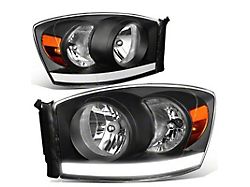 Factory Style Headlights with LED DRL; Black Housing; Clear Lens (06-08 RAM 1500)
