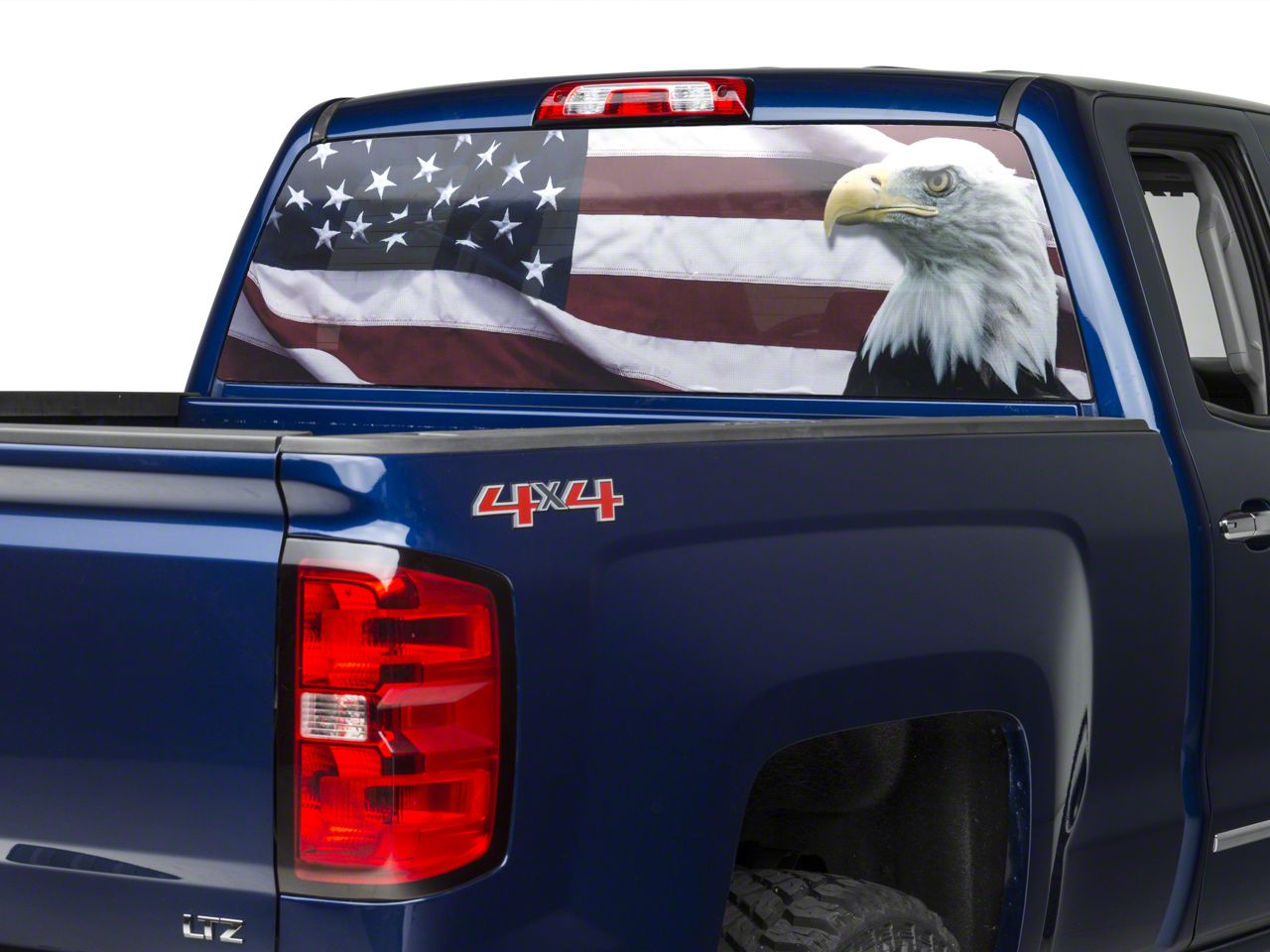 Silverado Perforated Flag Eagle Rear Window Decal 07 20 