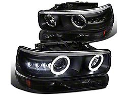 Dual Halo Projector Headlights with Bumper Lights; Matte Black Housing; Clear Lens (99-03 Silverado 1500)