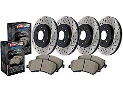 StopTech Street Axle Drilled and Slotted 6-Lug Brake Rotor and Pad Kit; Front and Rear (02-06 Silverado 1500 w/ 4-Wheel Steering)