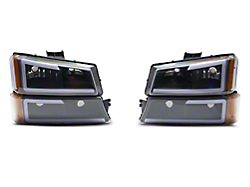 LED DRL Headlights with Amber Corners; Black Housing; Clear Lens (03-06 Silverado 1500)