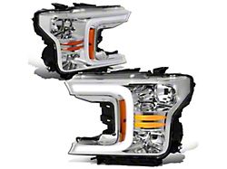 C-Bar LED DRL Headlights with Amber Corners and Sequential Turn Signals; Chrome Housing; Clear Lens (18-20 F-150 w/ Factory Halogen Headlights)