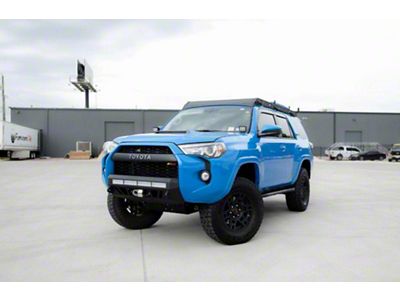 Cali Raised LED Stealth Winch Mount Front Bumper with 32-Inch Combo Beam LED Bumper Light Bar and Small Blue OEM Style Switch (14-23 4Runner)