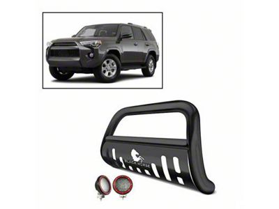 Bull Bar with Black Skid Plate and 5.30-Inch Red Round Flood LED Lights; Black (10-24 4Runner, Excluding Nightshade & 14-24 Limited)